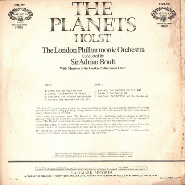 Gustav Holst - London Philharmonic Orchestra Conducted By Sir Adrian Boult : The Planets (LP, RE)