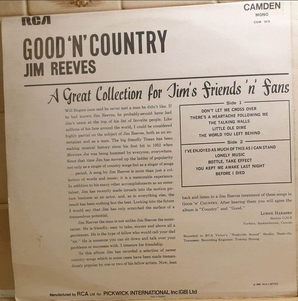 Jim Reeves : Good 'N' Country (LP, Album, Mono, RE)