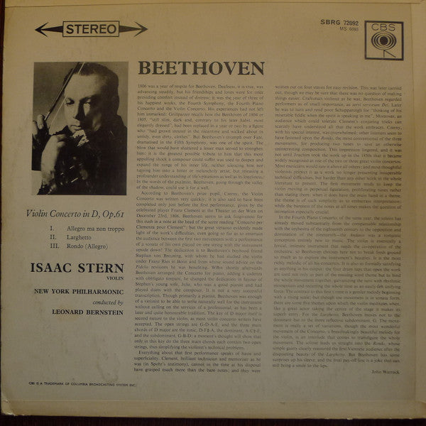 Isaac Stern / Ludwig van Beethoven / Leonard Bernstein, New York Philharmonic : Violin Concerto In D Major (LP, RE)