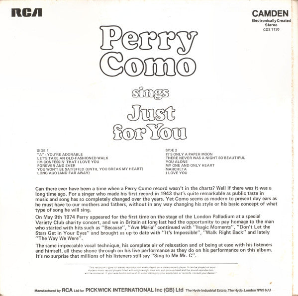 Perry Como : Perry Como Sings Just For You (LP, Album, RE)