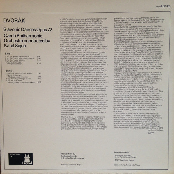 The Czech Philharmonic Orchestra / Karel Šejna, Antonín Dvořák : Slavonic Dances Op. 72, Nos 1-8 (LP, Album)