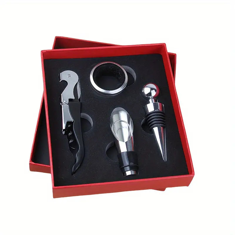 Wine Bottle Gift Set BOXED 4 Piece Chrome and Black Red Box
