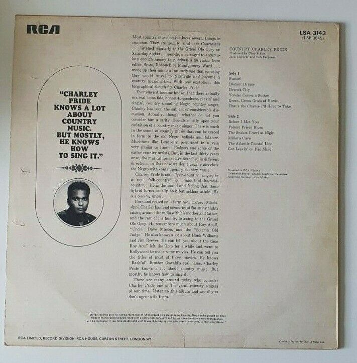 Country Charley Pride 1966 Vinyl Record LP RCA Victor - LSA 3143 | FREE POST