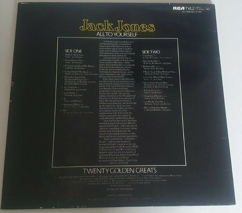 Jack Jones All To Yourself (Twenty Golden Greats) Vinyl LP 1977 RCA TVL 43002