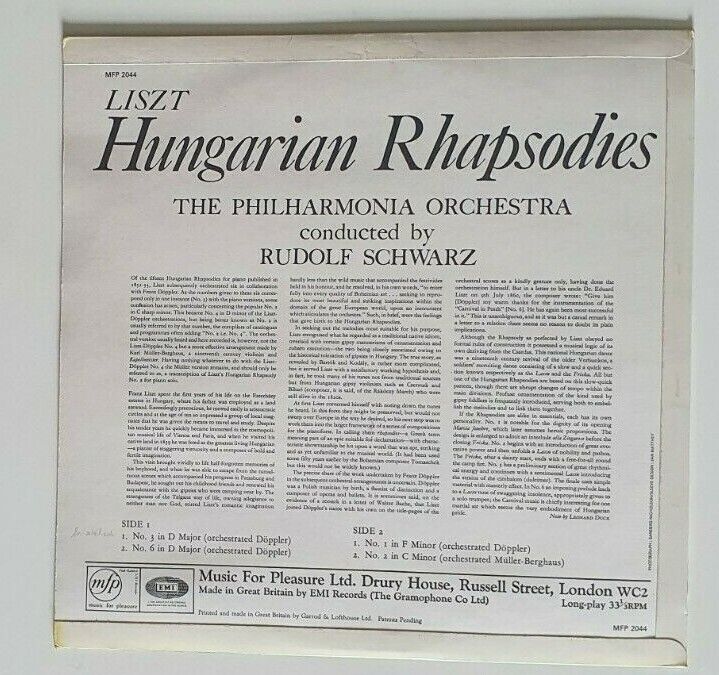 EMI Liszt Hungarian Rhapsodies Philharmonic Orchestra Schwarz Vinyl Record LP