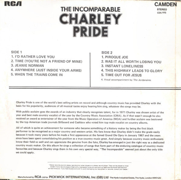 Charley Pride : The Incomparable Charley Pride (LP, Comp)
