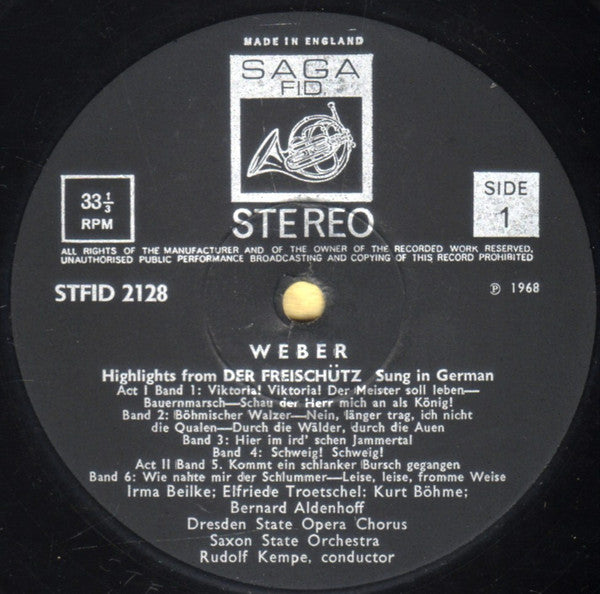 Carl Maria von Weber - Rudolf Kempe, Chor der Staatsoper Dresden, Staatskapelle Dresden : Der Freischutz (LP)