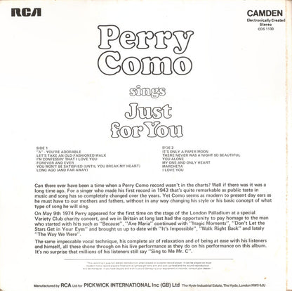 Perry Como : Perry Como Sings Just For You (LP, Album, RE)