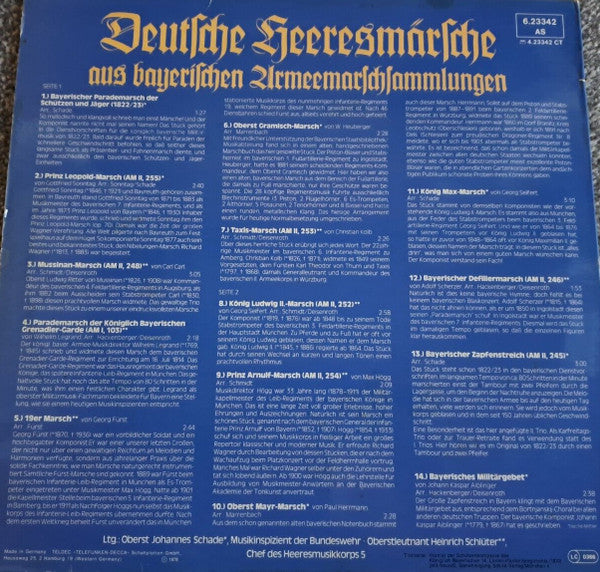 Heeresmusikkorps 5 Der Bundeswehr Ltg.: Johannes Schade, Heinrich Schlüter : Deutsche Heeresmärsche Aus Bayerischen Armeemarschsammlungen (LP, Album)