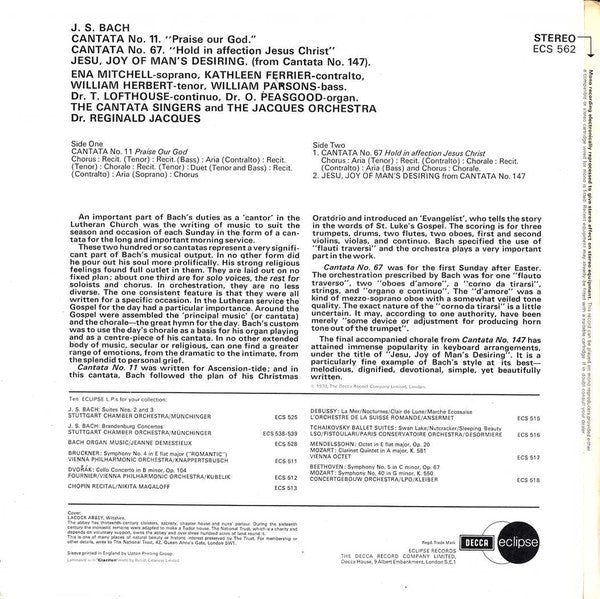 Johann Sebastian Bach, Ena Mitchell, Kathleen Ferrier, William Herbert, William Parsons (2), The Cantata Singers, The Jacques Orchestra, Reginald Jacques : Cantatas Nos. 11 & 67 / Jesu, Joy Of Man's Desiring (LP, Comp, RM)