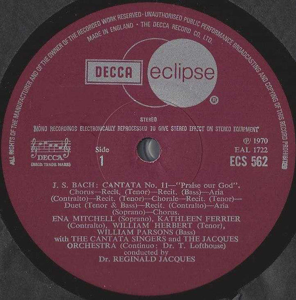 Johann Sebastian Bach, Ena Mitchell, Kathleen Ferrier, William Herbert, William Parsons (2), The Cantata Singers, The Jacques Orchestra, Reginald Jacques : Cantatas Nos. 11 & 67 / Jesu, Joy Of Man's Desiring (LP, Comp, RM)